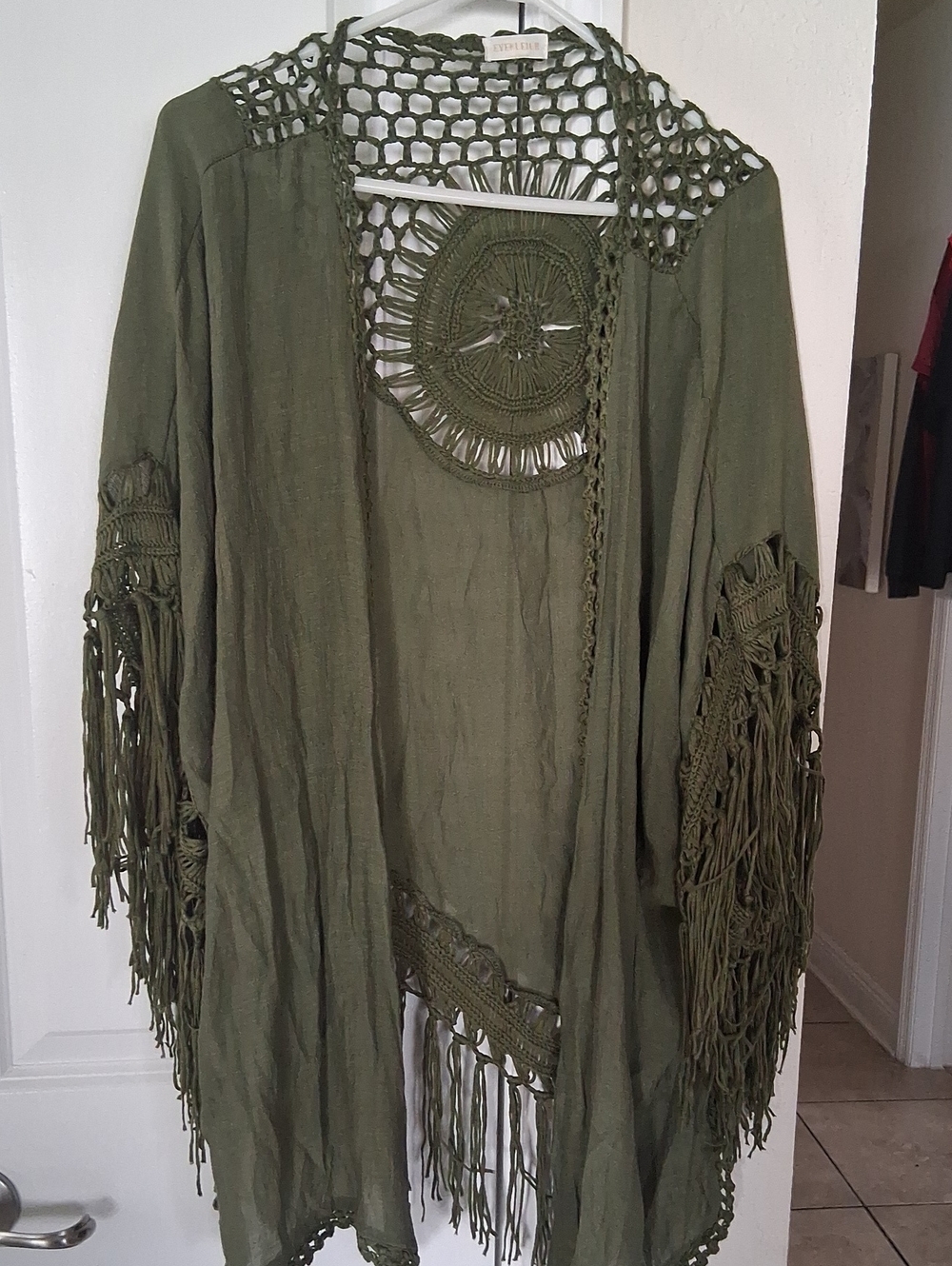 B: Boho Olive Green Crochet Fringe Sweater Cardigan